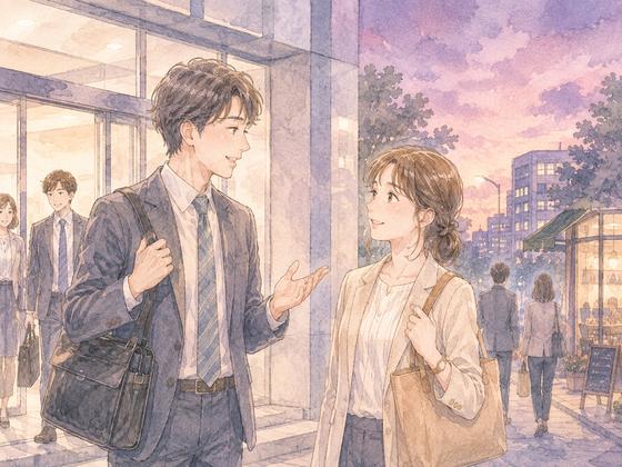 仕事帰りに短いお茶へ誘う男性と少しうれしそうな女性