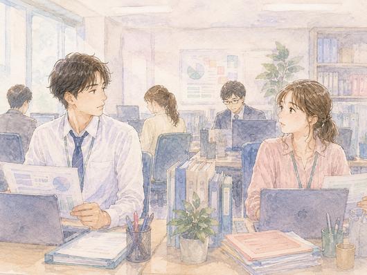 同じ案件を担当し仕事中に何度か目が合う男女の場面