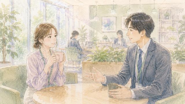職場で適度な距離を保ちながら穏やかに話す男女