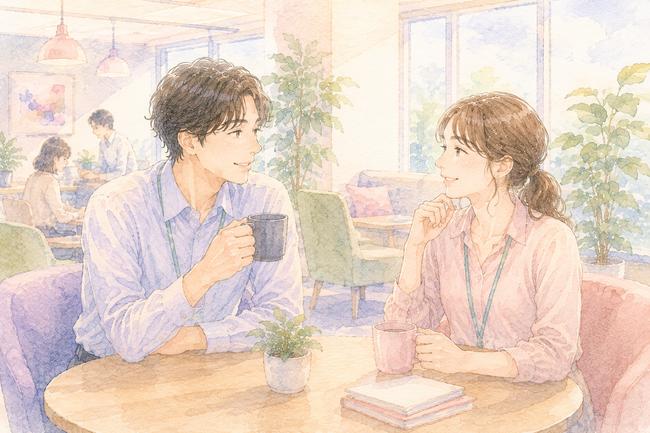 職場で安心できる距離感を保ちながら自然に会話する男女