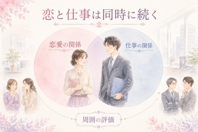 職場恋愛で恋愛と仕事の二つの関係が重なることを示す図