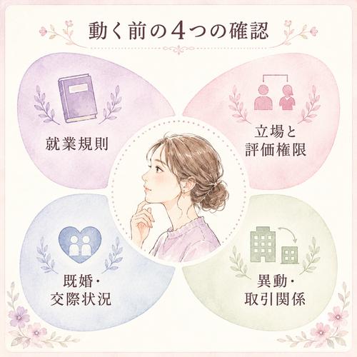 職場恋愛で動く前に確認したい立場や社内ルールを整理した図