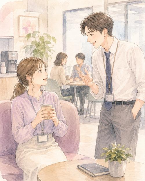 休憩中に男性同僚のほうから女性へ自然に話しかける場面