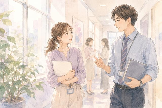 オフィスで自然な短い雑談を交わす男女の同僚