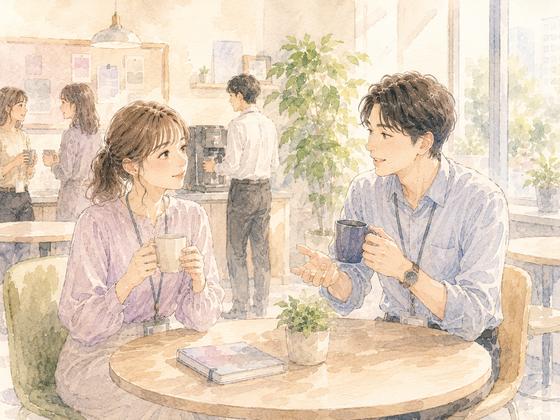 休憩時間にコーヒーを飲みながら自然に話す男女の同僚