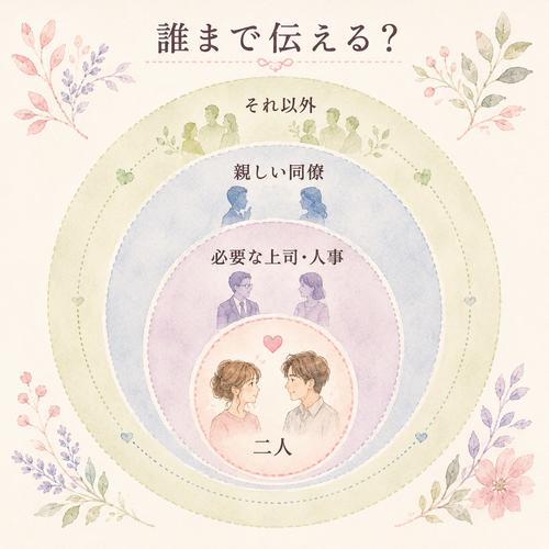 職場恋愛で交際を伝える人の範囲を同心円で示す図