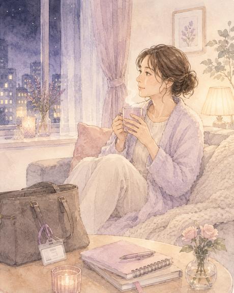 仕事を終えて自宅で温かい飲み物を飲みながら休む女性