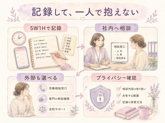 嫌がらせを記録して社内外へ相談する流れの図
