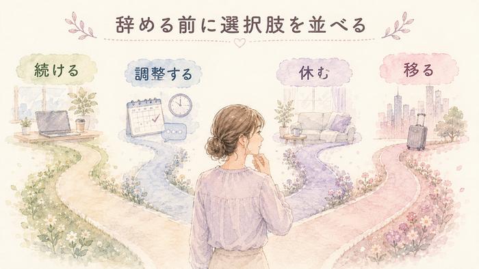 職場に残る・調整する・休む・環境を変える選択肢を示す図