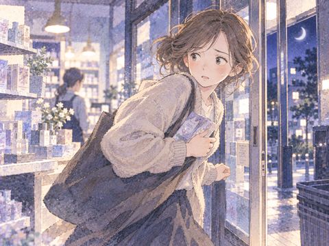 商品を抱えて店の出口へ急ぐ女性