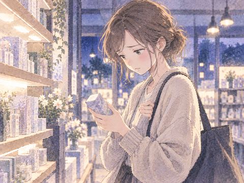 商品を見つめて後悔する女性