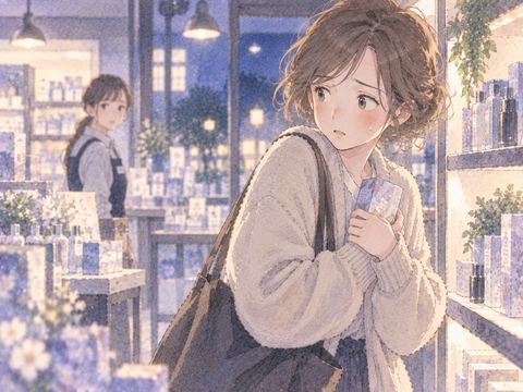 店員に気づかれて立ち止まる女性