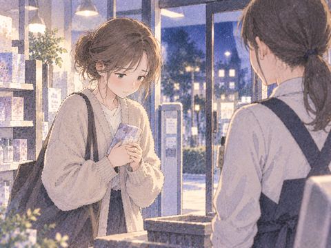 店員の前で立ち止まり観念する女性