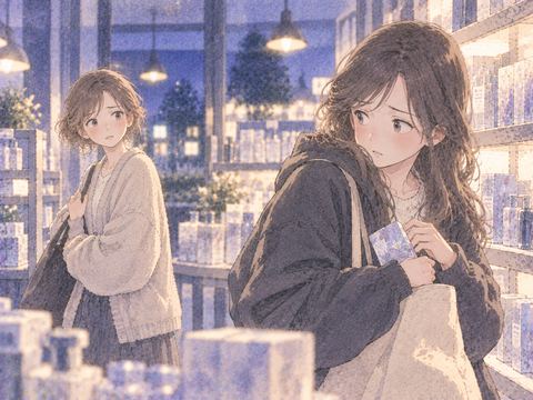 商品を隠す友達を心配そうに見る女性
