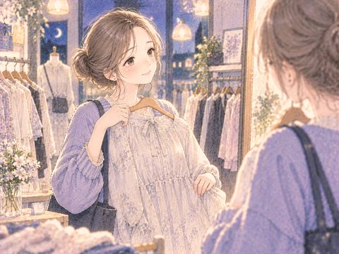 洋服店で気に入った服を持つ女性
