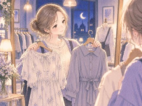 二着の服を鏡の前で見比べる女性
