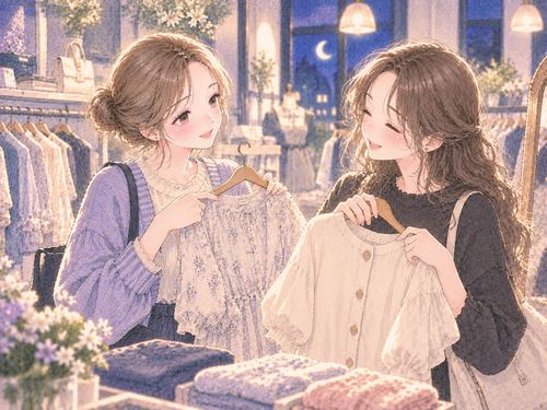 友達同士で商品を見ながら相談する女性二人