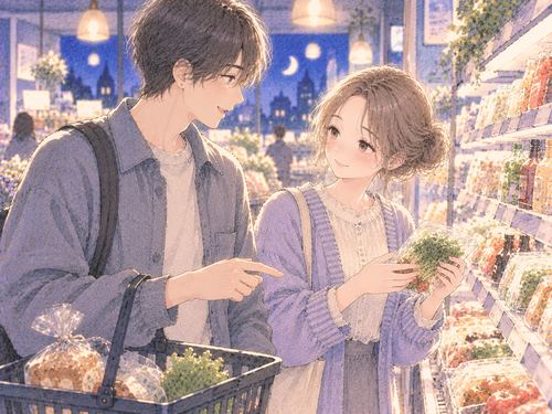 好きな人と並んで商品を見る女性