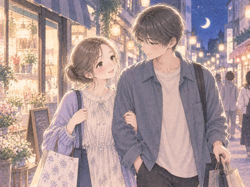 夜の商店街を並んで歩く男女