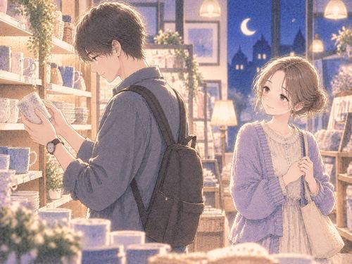 商品を選ぶ人の隣で待つ女性