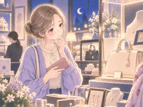高価な品を前に財布を持って考える女性