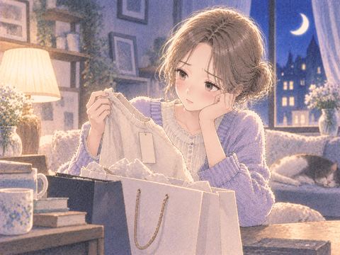 買った品を見つめて考え込む女性