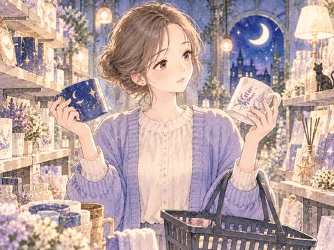 二つの商品を見比べて迷う女性