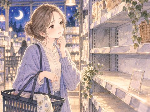 空の商品棚を見て立ち止まる女性