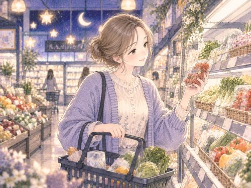 スーパーで商品を選ぶ女性と買い物かご