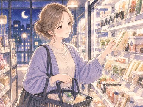 夜のコンビニで商品を手に取る女性