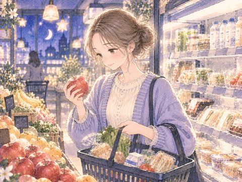 食品売り場で食べ物をかごへ入れる女性