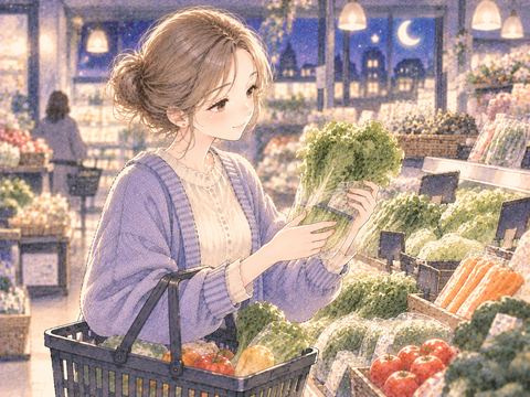 売り場で新鮮な野菜を選ぶ女性