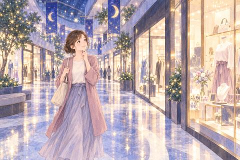 夜のショッピングモールを歩きながら店を見る女性