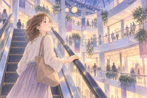 ショッピングモールのエスカレーターに乗る女性