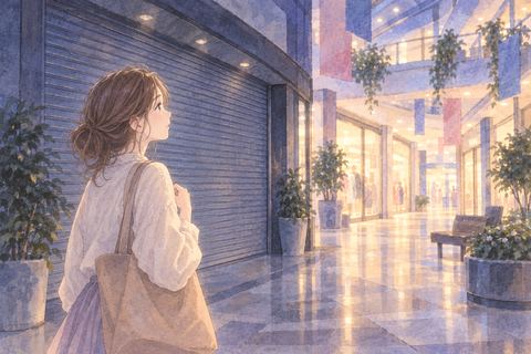 閉店したショッピングモールの前に立つ女性