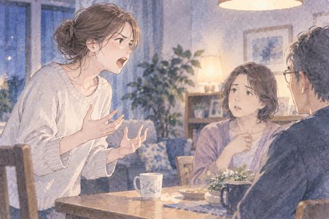 家族の前で思わず声を上げる女性