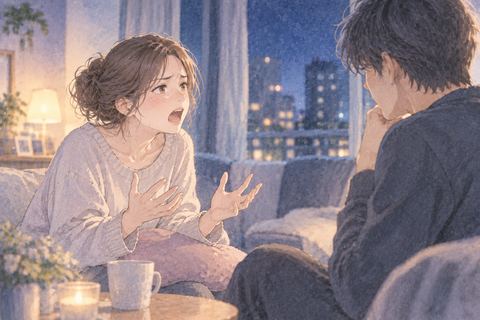 恋人に切実な表情で声を上げる女性