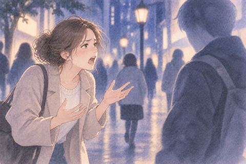 見知らぬ人物へ戸惑いながら声を上げる女性