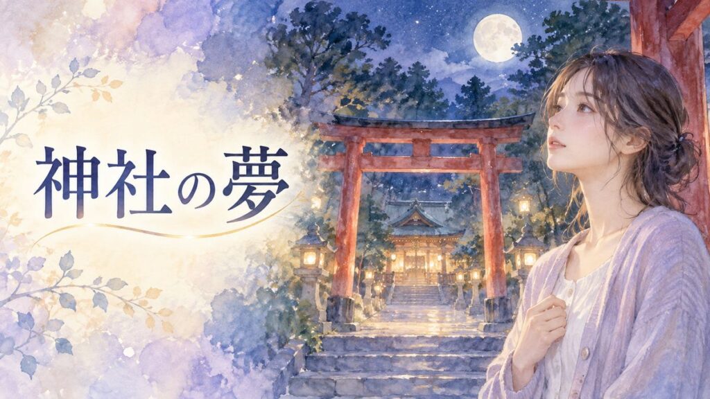 月明かりの神社を見つめる大人の女性と鳥居