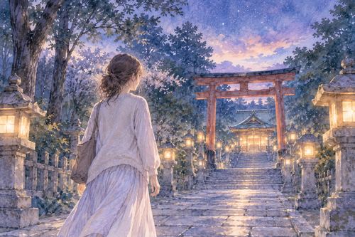 夜の参道を神社へ向かって歩く女性