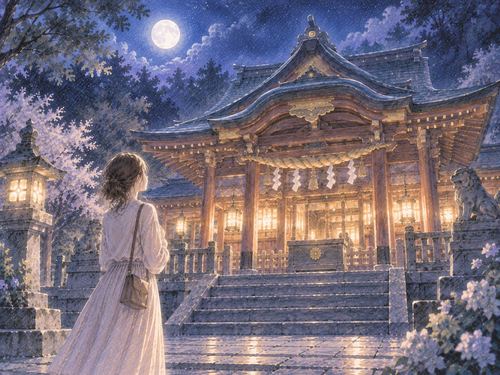 静かな夜に本殿を見上げる女性