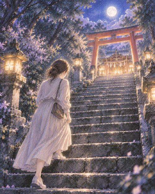 神社へ続く長い石段を上る女性