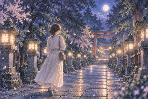 石灯籠の並ぶ夜の参道を歩く女性