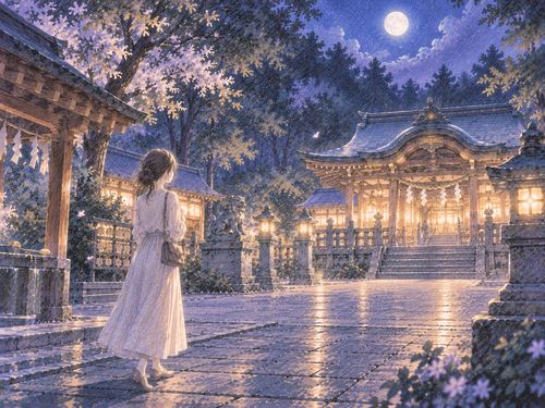 静かな夜の神社境内にたたずむ女性