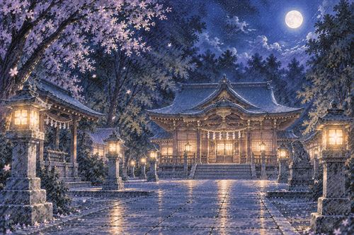 月明かりに照らされた静かな夜の神社
