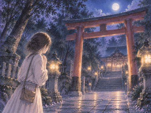 神社の入口で不安そうに立ち止まる女性