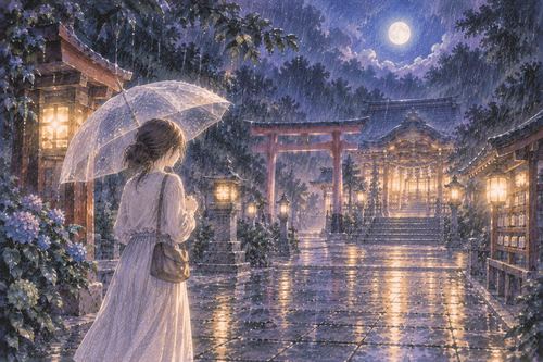 静かな雨が降る夜の神社と傘を持つ女性