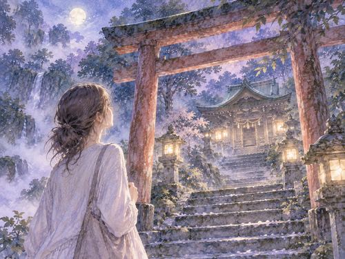 見覚えのない静かな神社を見上げる女性