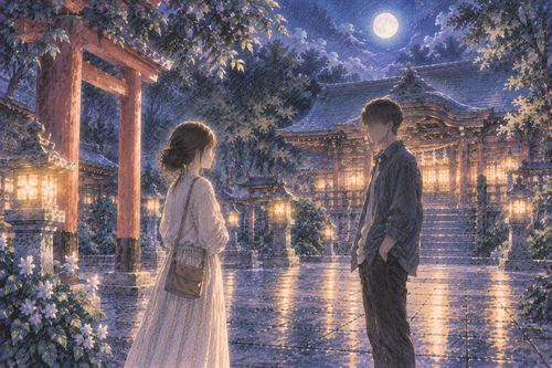 夜の神社で人と向かい合う女性
