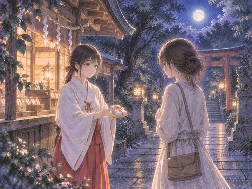神社の境内で巫女と向き合う女性